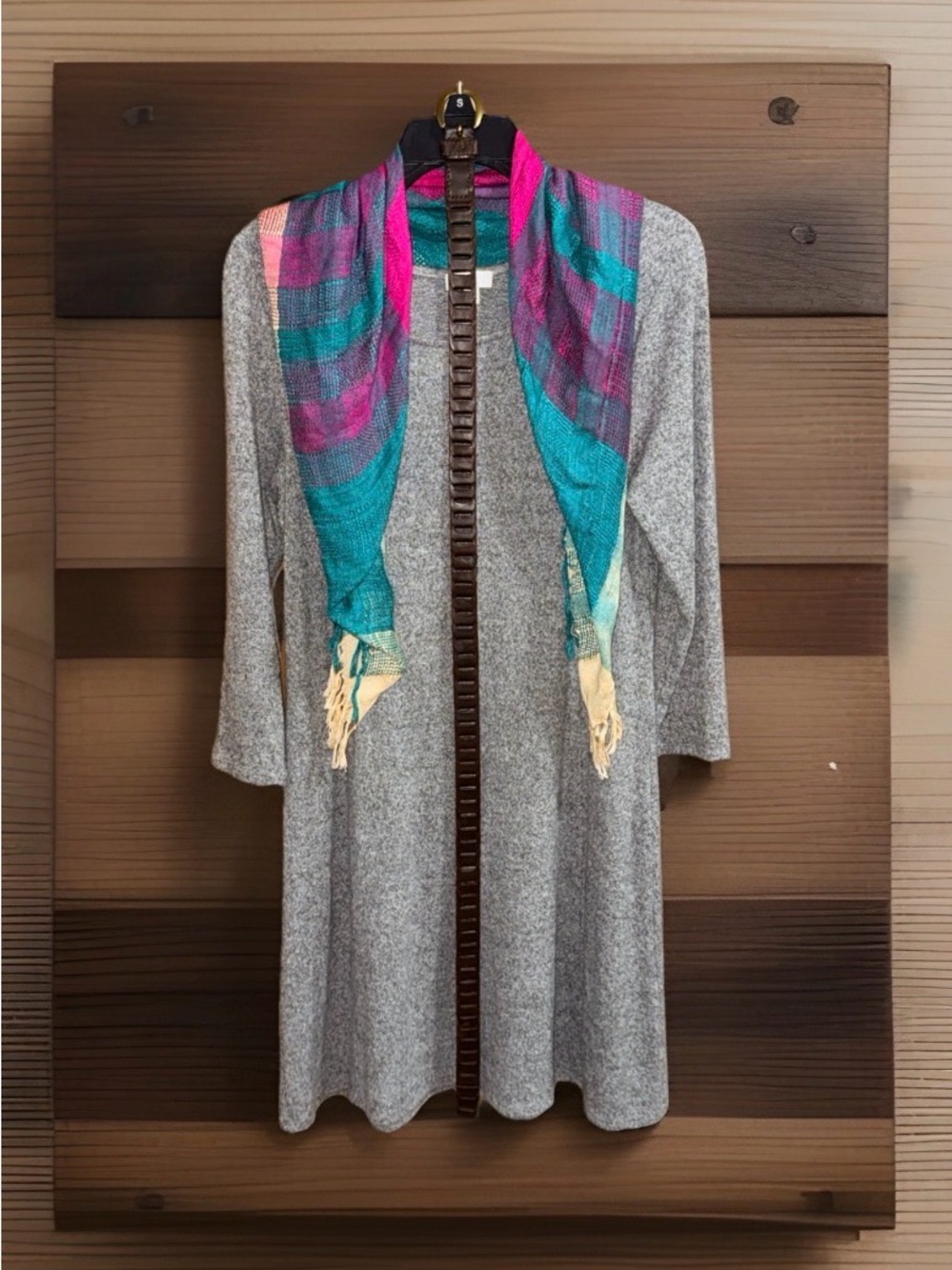 C Label Knit Heather Gray Sweater Dress w/ Multicolor B. Goodman Sq. Scarf- M-EC